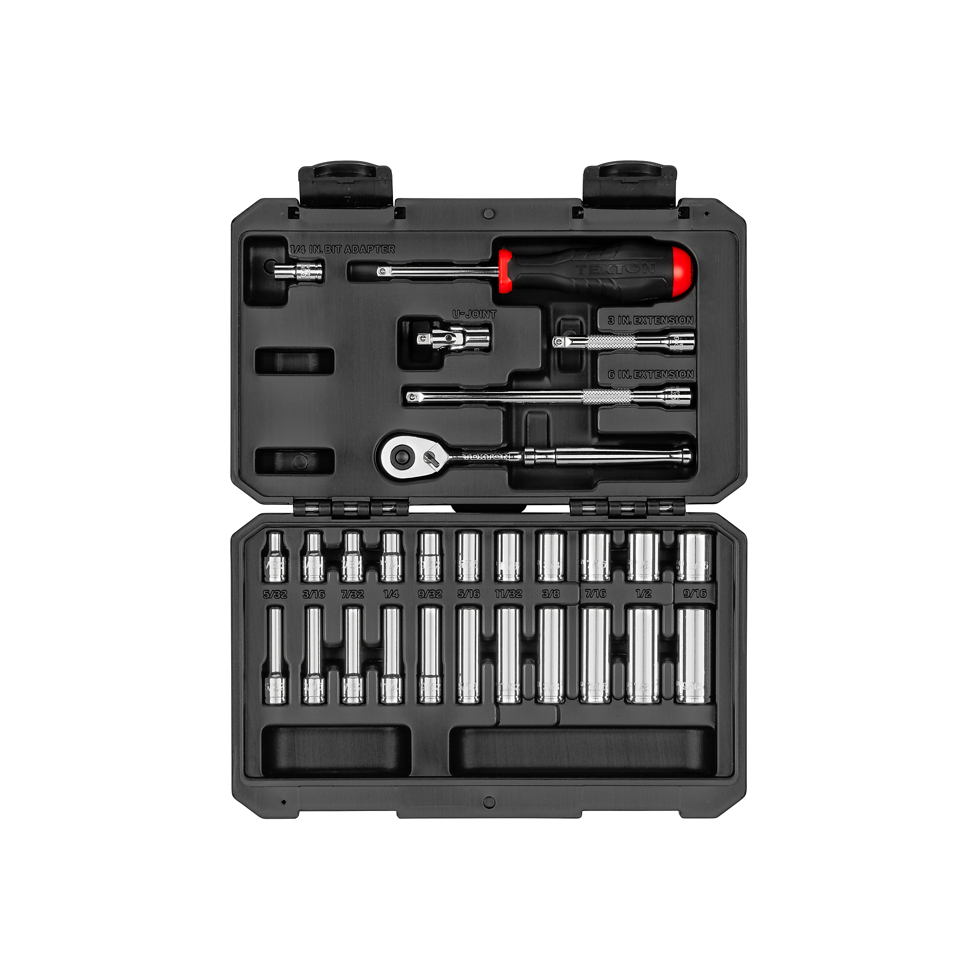 TEKTON 1/4 Inch Drive Shallow and Deep 6-Point Socket and Ratchet Set with Case, 28-Piece (5/32 - 9/16 in.) | SKT05102